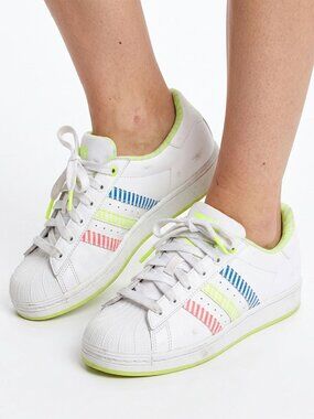 Adidas Superstar Leather Sneakers White Neon Rainbow Stripes Shoes Women Size 6